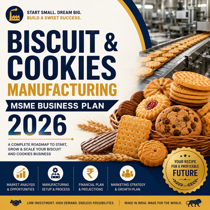 Biscuit & Cookies Manufacturing MSME Business Plan 2026 featuring automatic multi-drop cookie machines, rotary rack baking ovens, and packaged artisanal cookies.