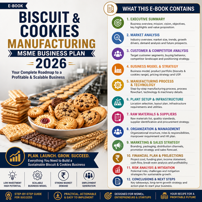 Biscuit & Cookies Business Plan illustrating raw material creaming/mixing (flour, butter, sugar), dough forming (wire-cut/rotary moulding), tray loading, rotary rack oven baking, cooling, and flow-wrap packaging.