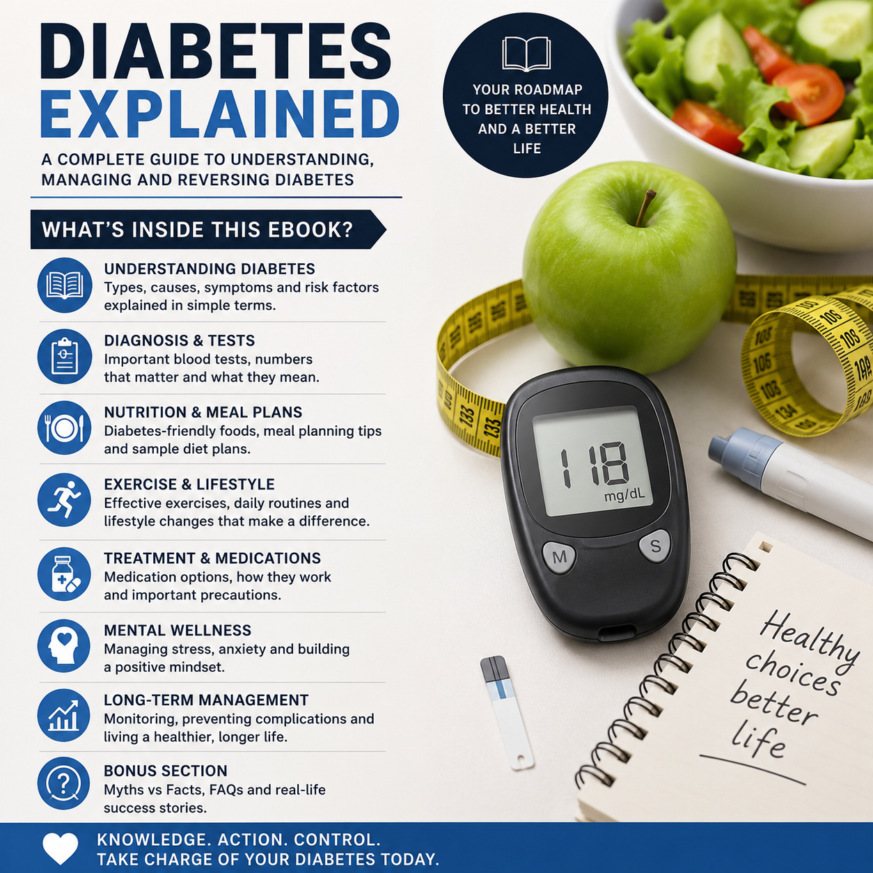 Diabetes Explained illustrating glucose absorption, insulin resistance, and blood sugar management strategies.
