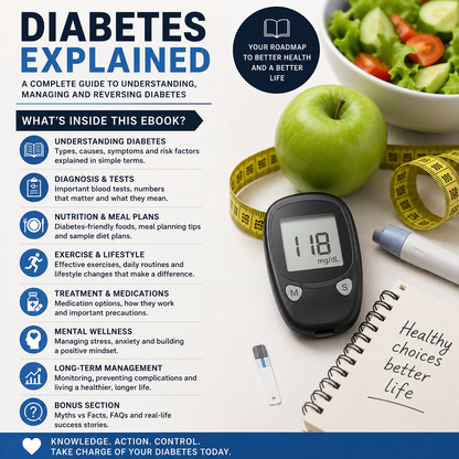 Diabetes Explained illustrating glucose absorption, insulin resistance, and blood sugar management strategies.