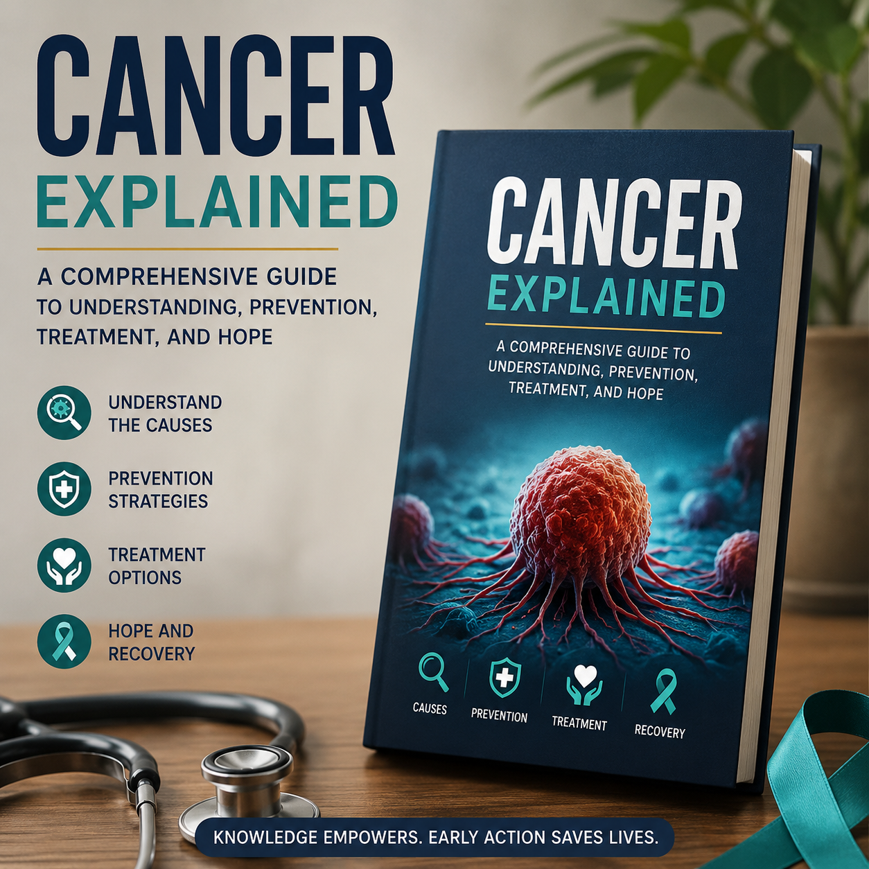 Cancer Explained book featuring a clean medical design focused on oncology science and cellular health.