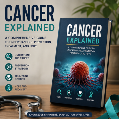 Cancer Explained book featuring a clean medical design focused on oncology science and cellular health.