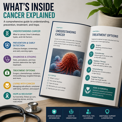 Cancer Explained illustrating normal cell growth versus mutation pathways and targeted treatment approaches.