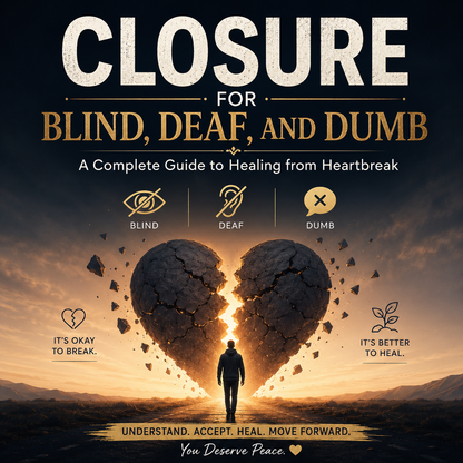 Closure for Blind, Deaf, and Dumb: A Complete Guide to Healing from Heartbreak featuring emotional recovery imagery and self-guided healing concepts.