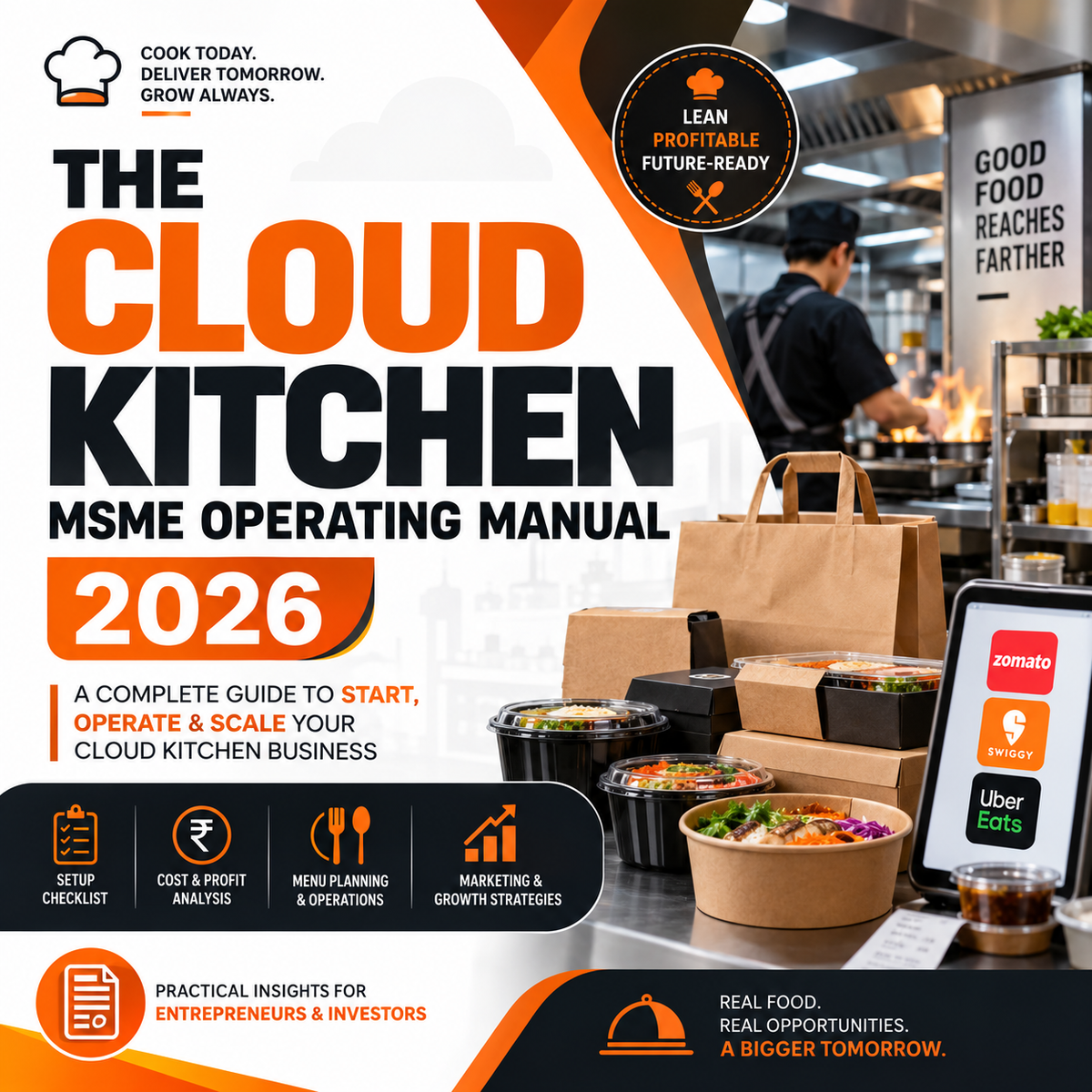 Promotional cover for 'The Cloud Kitchen Msme Operating Manual 2026' featuring bold orange and black typography on a white background, with a food prep and delivery scene in a kitchen, takeaway containers, a paper bag, and a tablet showing food delivery apps.
