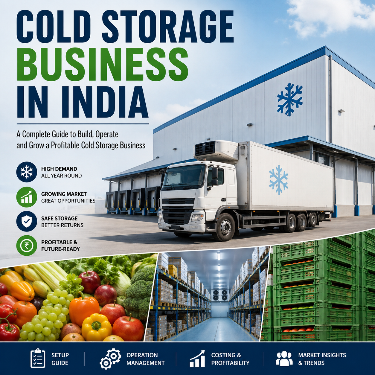 Promotional graphic for a cold storage business guide titled 'COLD STORAGE BUSINESS IN INDIA,' showing a large white refrigerated truck parked in front of a modern warehouse, with food produce, warehouse aisles, and stacked green crates. Text highlights high demand, growing market opportunities, safe storage, and profitability.