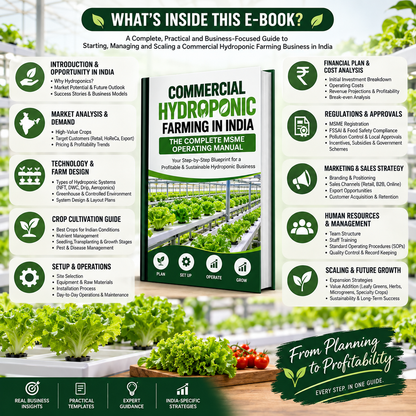 A promotional infographic for a digital e-book titled 'Commercial Hydroponic Farming in India: The Complete Focused One-Stop Manual'. The graphic features a dark green header with white text and a dark green banner below, surrounded by a light gray background.