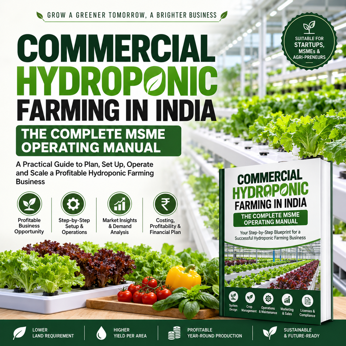Promotional graphic for a book/manual titled 'Commercial Hydroponic Farming in India: The Complete MSME Operating Manual,' with large green and black text, a farm scene in the background, and a mockup of the book cover in the foreground. The design includes icons for business opportunities, setup, market insights, costing, and financial planning.