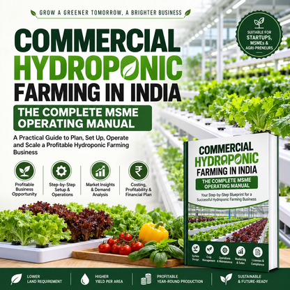 Promotional graphic for a book/manual titled 'Commercial Hydroponic Farming in India: The Complete MSME Operating Manual,' with large green and black text, a farm scene in the background, and a mockup of the book cover in the foreground. The design includes icons for business opportunities, setup, market insights, costing, and financial planning.