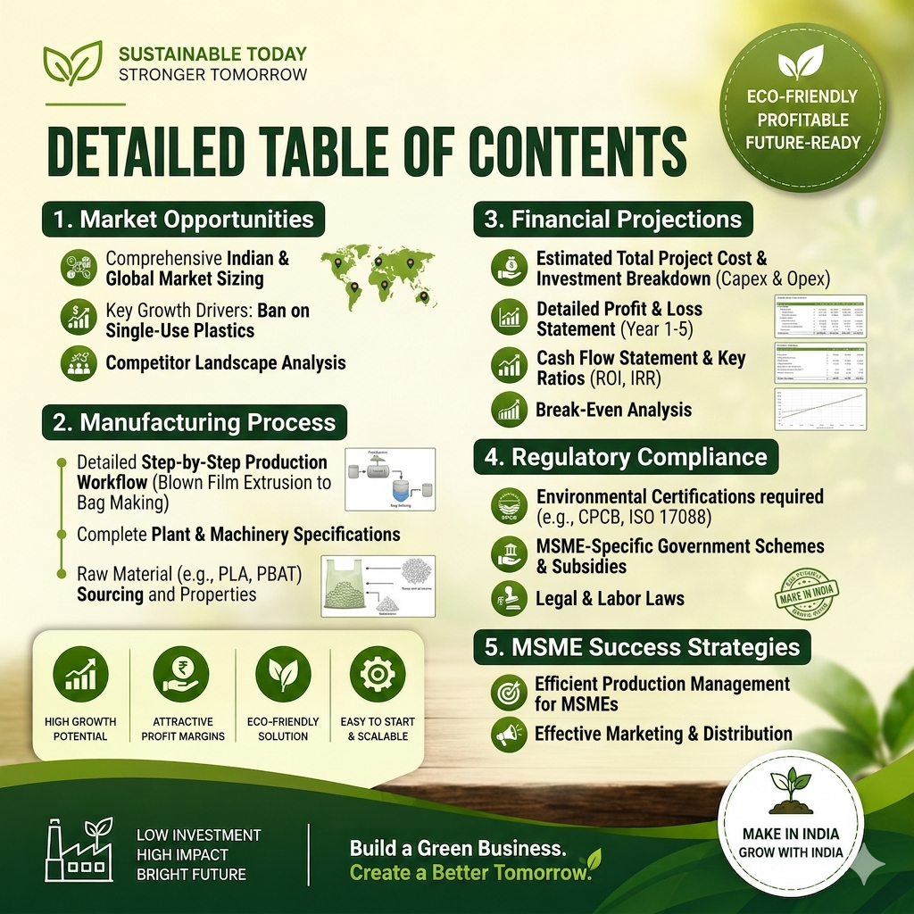 Biodegradable Bags Business Plan illustrating raw granule feeding (PLA/PBAT/Cornstarch), blown film extrusion, printing, bag sealing/punching (W-cut/D-cut), and CPCB QR code printing.
