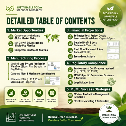 Biodegradable Bags Business Plan illustrating raw granule feeding (PLA/PBAT/Cornstarch), blown film extrusion, printing, bag sealing/punching (W-cut/D-cut), and CPCB QR code printing.