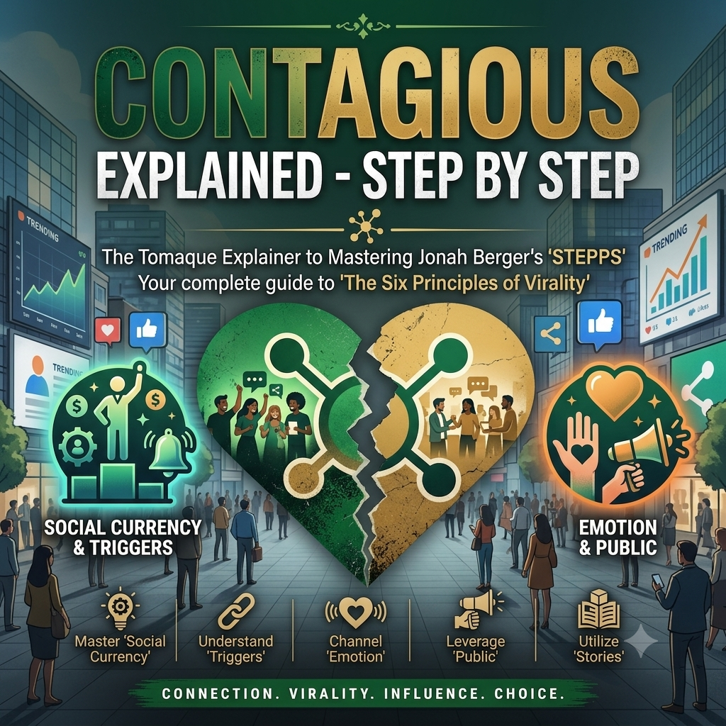 Promotional cover graphic for 'Contagious Explained - Step by Step' by Tomaque Explainer, featuring a dark teal and gold title, a central broken heart icon, and three illustrated panels explaining social currency, triggers, and emotion & public.