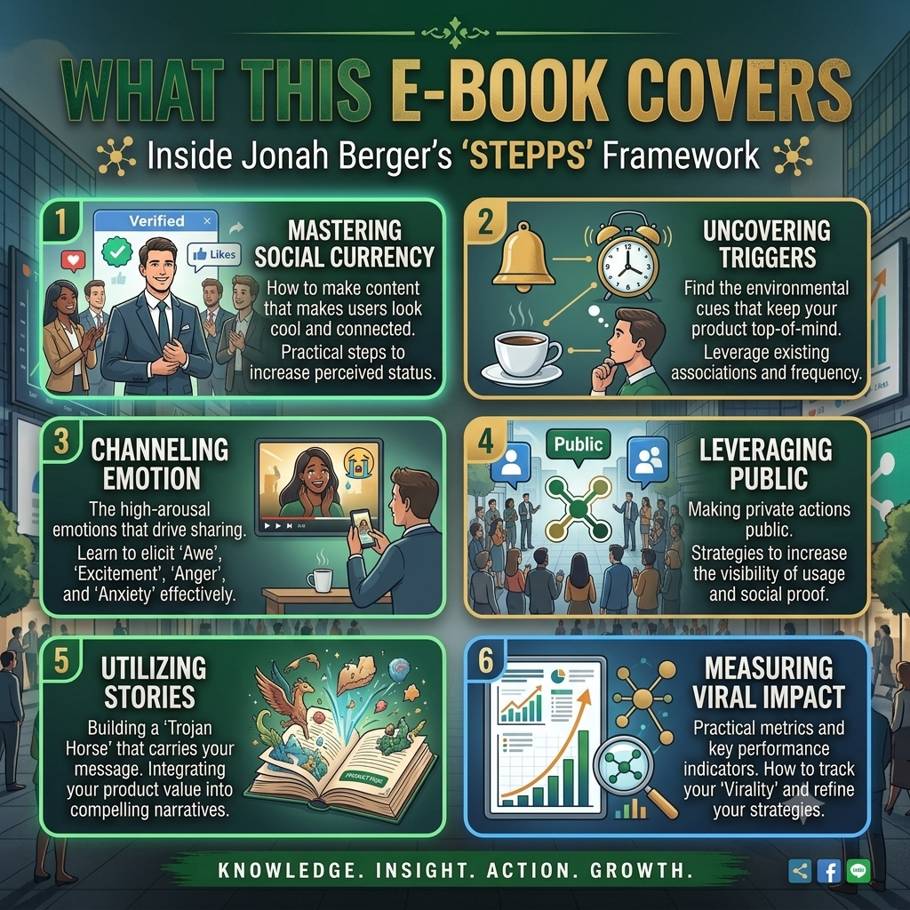 Promotional infographic for an e-book covering Jonah Berger's 'STEPS' framework, with six illustrated panels and text explaining social currency, triggers, emotion, public use, stories, and viral impact.