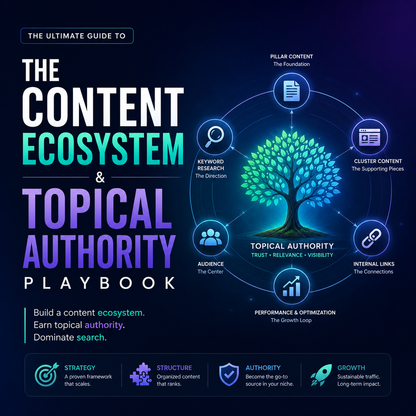 The Content Ecosystem & Topical Authority Playbook digital guide featuring semantic content hub diagrams, internal link flow architecture, and entity coverage checklists.