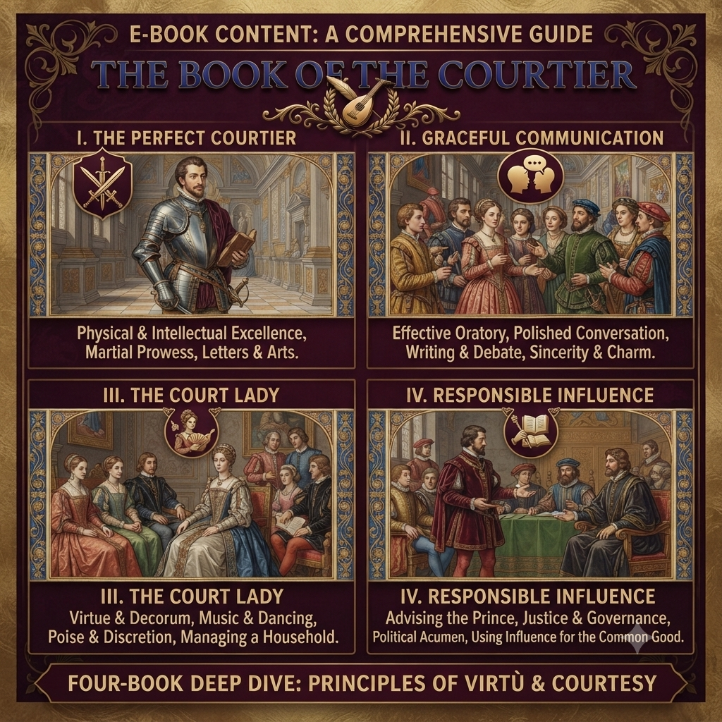 A book cover or digital guide titled "The Book of the Courtier" with four medieval-style illustrated panels and text sections about courtly behavior, influence, communication, and the court lady. The design uses dark brown, gold, and blue tones with decorative borders.