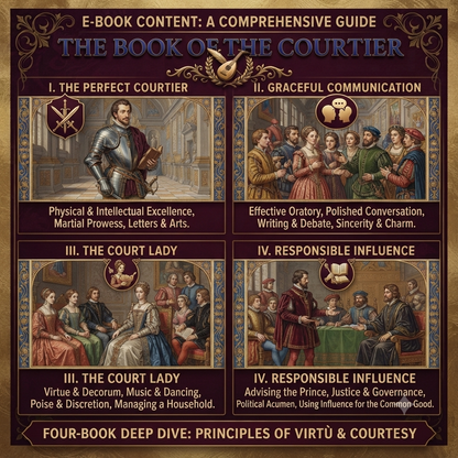 A book cover or digital guide titled "The Book of the Courtier" with four medieval-style illustrated panels and text sections about courtly behavior, influence, communication, and the court lady. The design uses dark brown, gold, and blue tones with decorative borders.