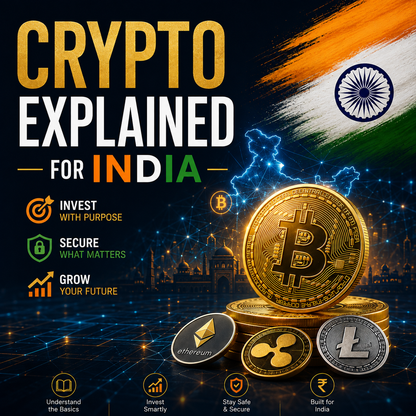 Book cover for 'Crypto Explained for India' featuring a dark navy background with gold, white, and green typography, an Indian flag brushstroke, a Bitcoin coin, and smaller crypto coins including Ethereum, Ripple, and Litecoin. The cover includes a city skyline at night and financial charts.