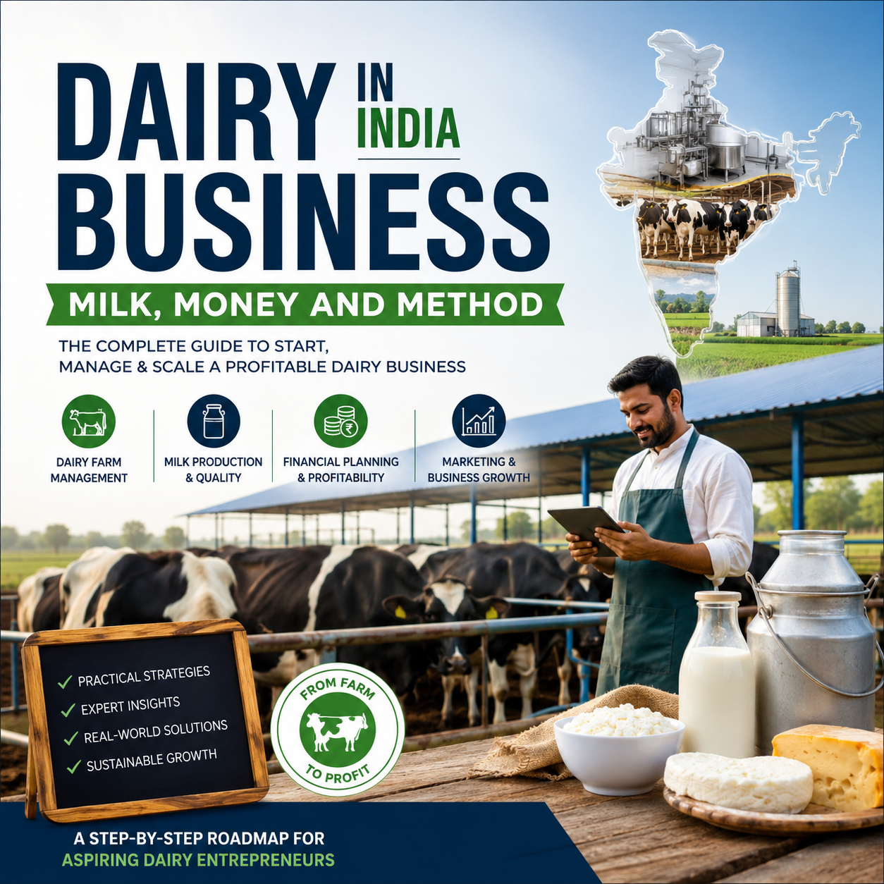 Book cover for 'Dairy in India Business: Milk, Money and Method' featuring a man in an apron at a dairy farm, cows, milk containers, and a map graphic on a blue sky background.