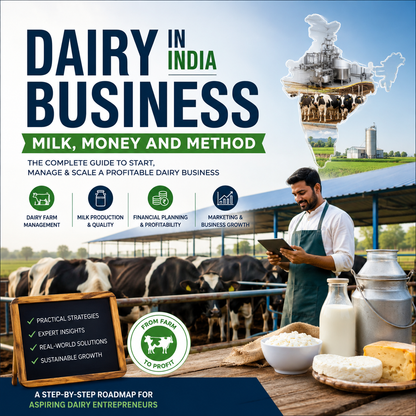 Book cover for 'Dairy in India Business: Milk, Money and Method' featuring a man in an apron at a dairy farm, cows, milk containers, and a map graphic on a blue sky background.