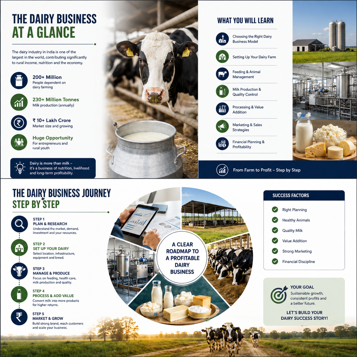 An infographic poster titled 'The Dairy Business at a Glance' and 'The Dairy Business Journey Step by Step', featuring text blocks, icons, a cow illustration, a milk carton, and a herd of cows in a field.