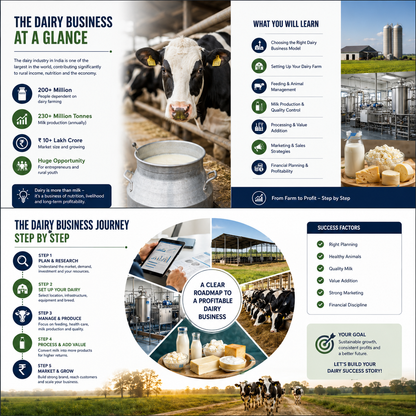 An infographic poster titled 'The Dairy Business at a Glance' and 'The Dairy Business Journey Step by Step', featuring text blocks, icons, a cow illustration, a milk carton, and a herd of cows in a field.