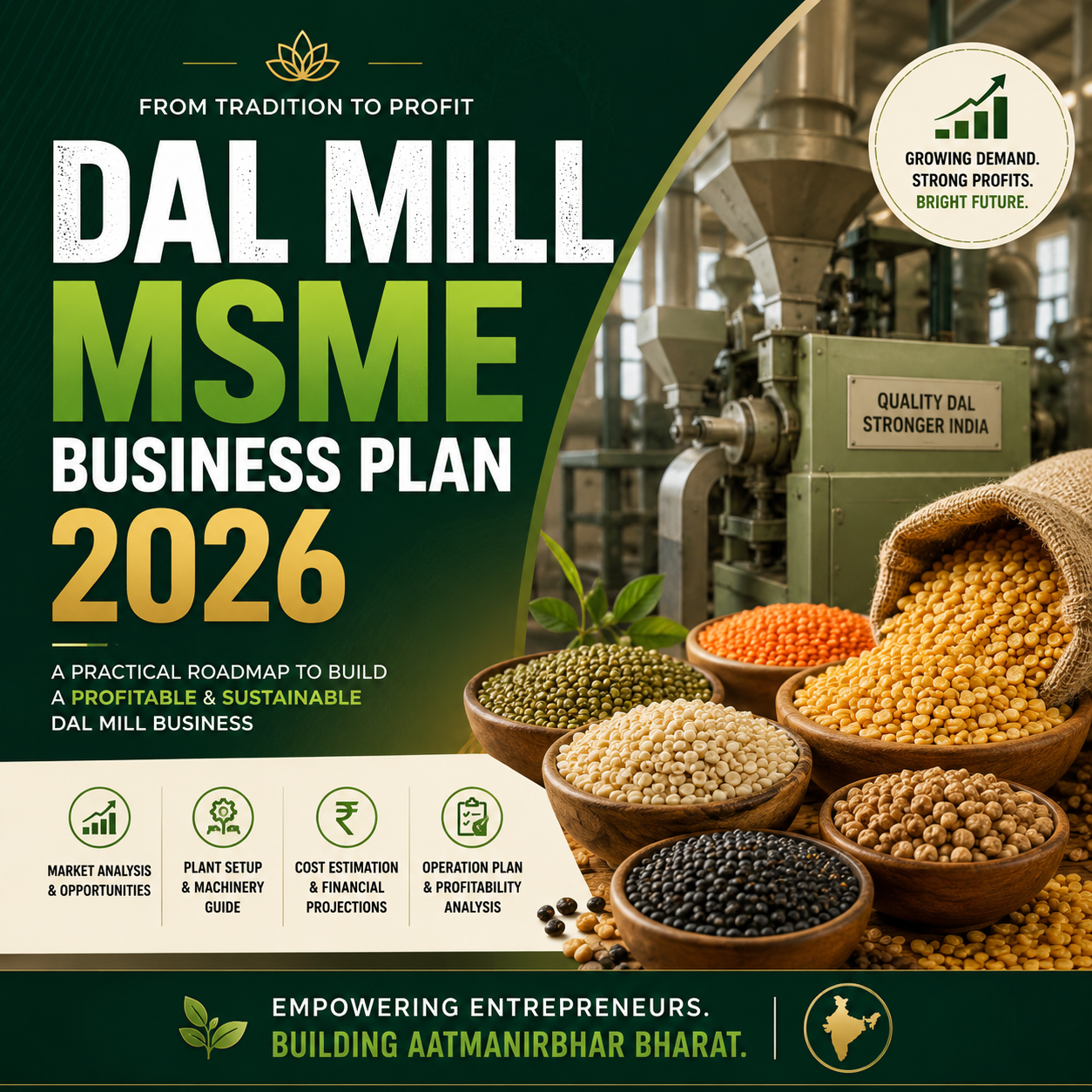 Dal Mill MSME Business Plan 2026 featuring pulse cleaning graders, emery dehusking rollers, color sorters, and packaged polished yellow dal.