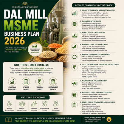 Dal Mill Business Plan illustrating raw pulse destoning and grading, oil/water conditioning, dehusking and splitting, polisher processing, color sorting, and automatic pouch packing.
