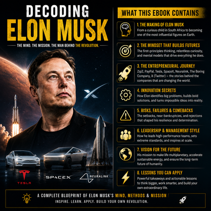 A detailed inside look at the ebook content for Decoding Elon Musk, showcasing the table of contents, chapter breakdowns, and infographics.