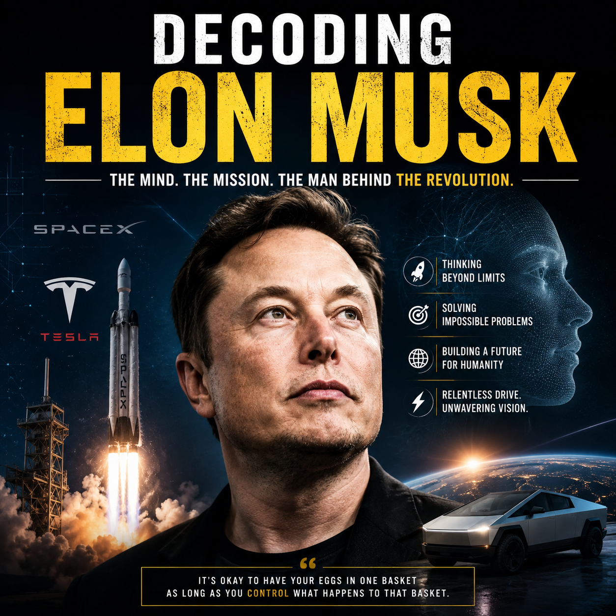 Front cover of the book Decoding Elon Musk, featuring a sleek, futuristic design with bold typography highlighting the title.