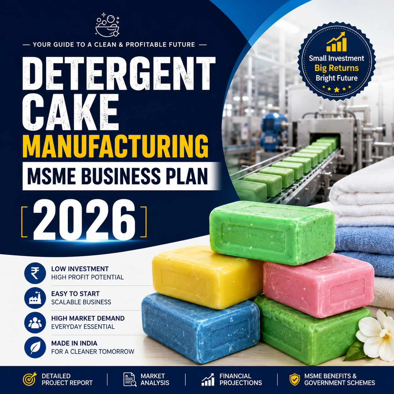 Detergent Cake Manufacturing MSME Business Plan 2026 showing industrial Sigma mixers, vacuum plodder extruders, and finished detergent laundry bars.