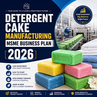Detergent Cake Manufacturing MSME Business Plan 2026 showing industrial Sigma mixers, vacuum plodder extruders, and finished detergent laundry bars.