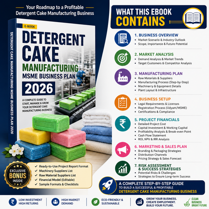 Detergent Cake Business Plan illustrating raw material dosing (Acid Slurry, Soda Ash, Dolomite/Calcite), Sigma mixing, triple roll milling, plodder extrusion, cutting, and bar wrapping.