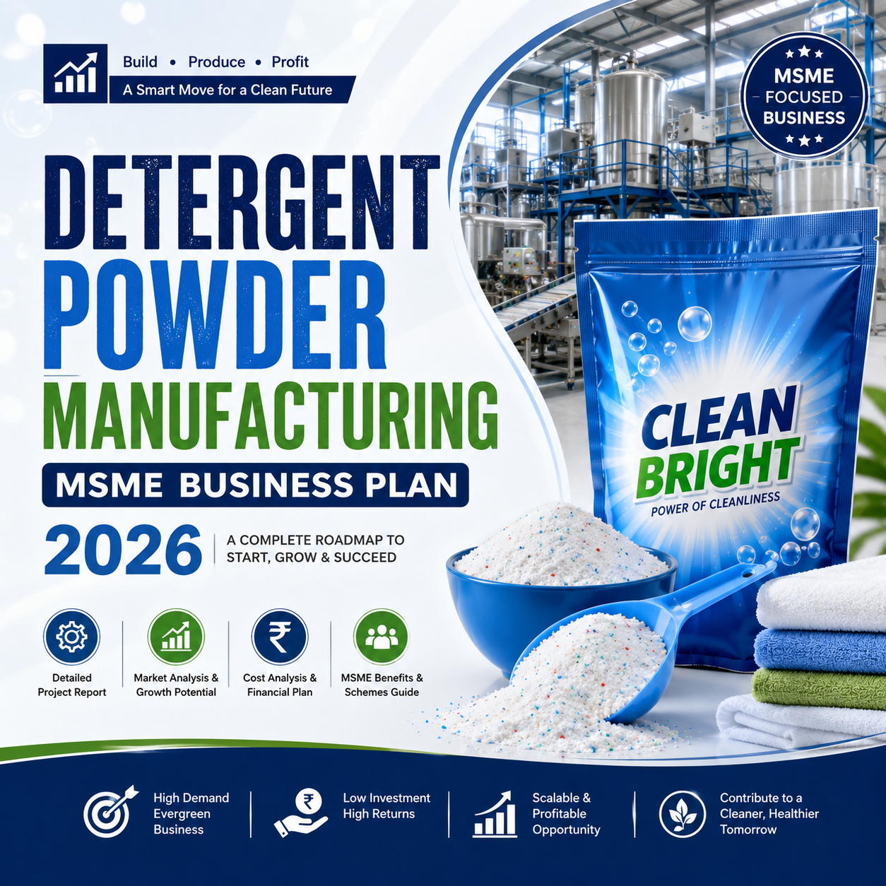 Detergent Powder Manufacturing MSME Business Plan 2026 showing industrial ribbon blenders, powder screening plant, and packaged detergent pouches.