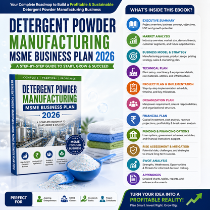 Detergent Powder Business Plan illustrating raw material dosing (Soda Ash, LABSA), ribbon blending, screening, perfuming, and pouch packaging workflow.