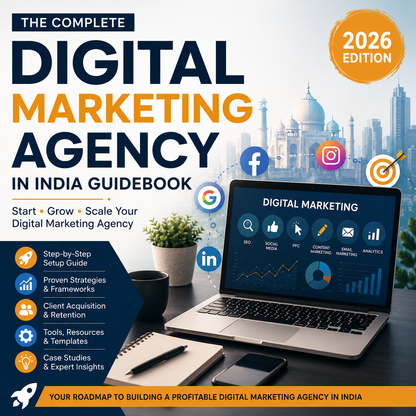 Promotional cover graphic for a digital marketing guidebook titled 'The Complete Digital Marketing Agency in India Guidebook' with '2026 Edition' badge. Large navy and orange text over a city skyline background, plus a laptop showing digital marketing dashboards, social media icons, and feature callouts along the left side.
