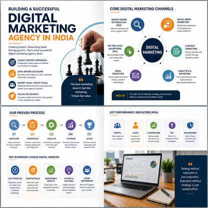 A digital marketing infographic template for India, featuring a clean multicolor layout with sections on building a successful agency, core channels, proven process, key performance indicators, and benefits of hiring an agency. The design uses icons, charts, and a laptop mockup on a white background.