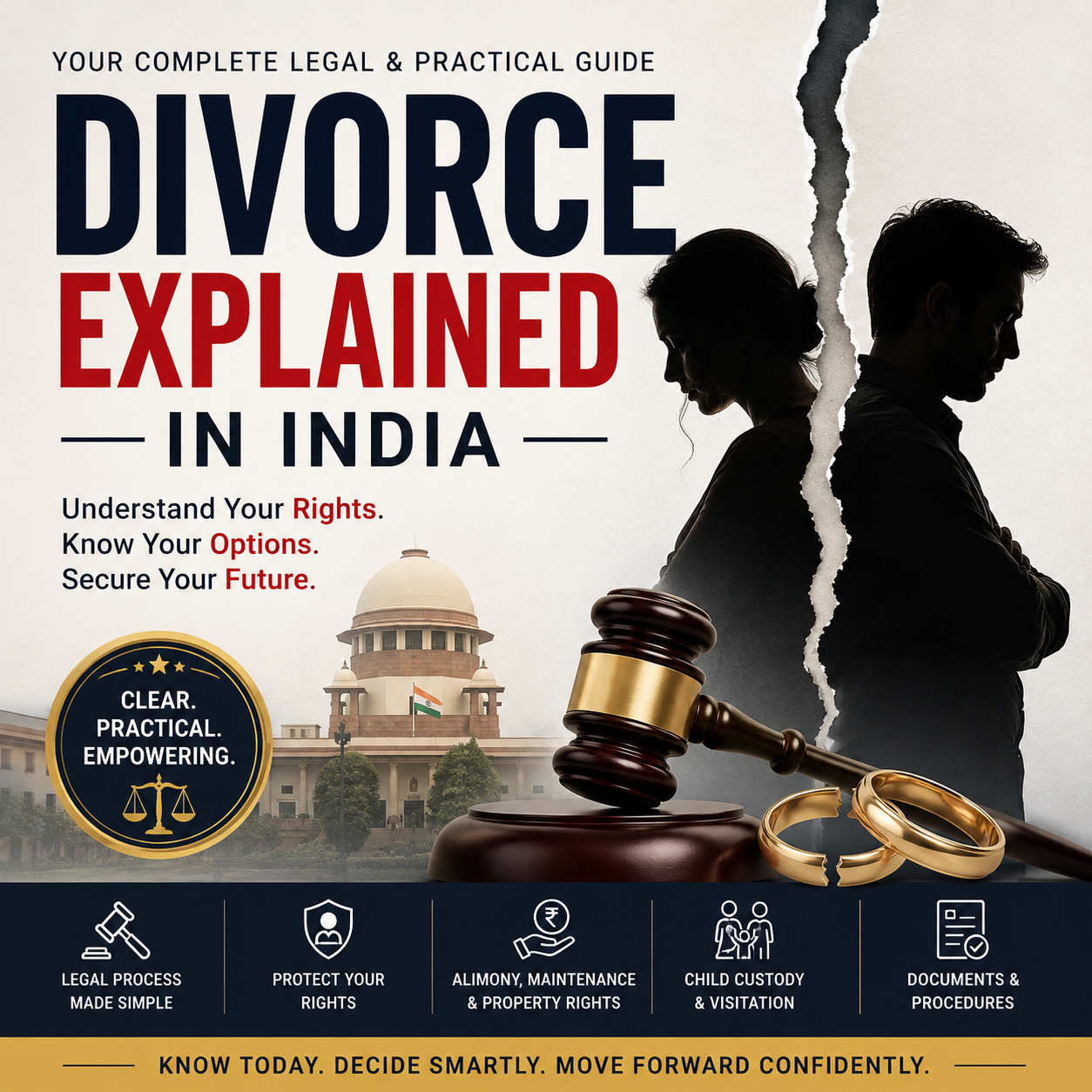 Book cover for 'Divorce Explained in India' featuring bold navy and red title text, silhouettes of a couple with a cracked wall behind them, a gavel, rings, and the Indian Supreme Court building. A dark navy footer strip contains icons and text about legal process, rights, alimony, child custody, and documents.
