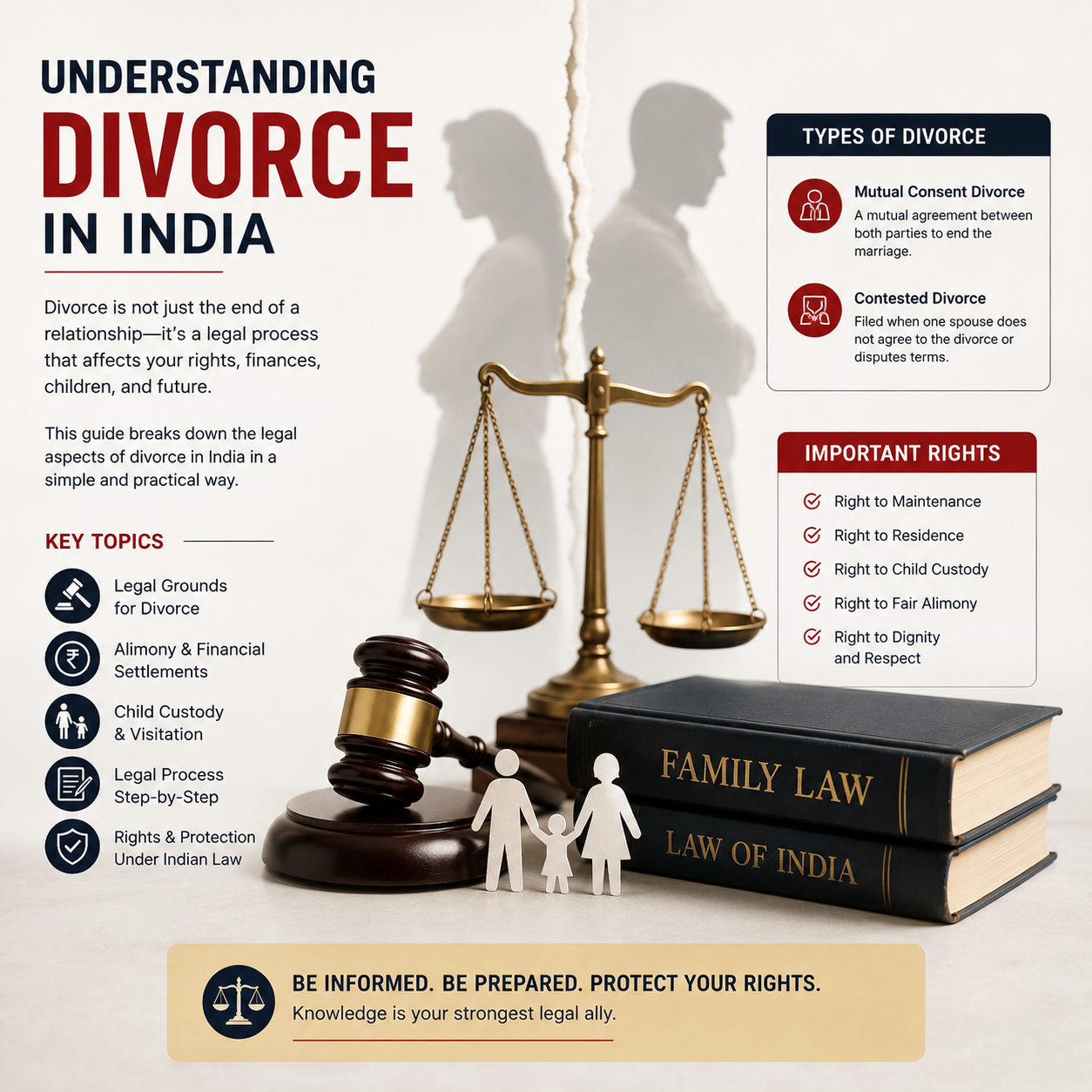 An infographic titled 'Understanding Divorce in India' with a legal theme. It features a gavel, a stack of books including 'Law of India', small white figures of a father and child, and a balance scale casting shadows.