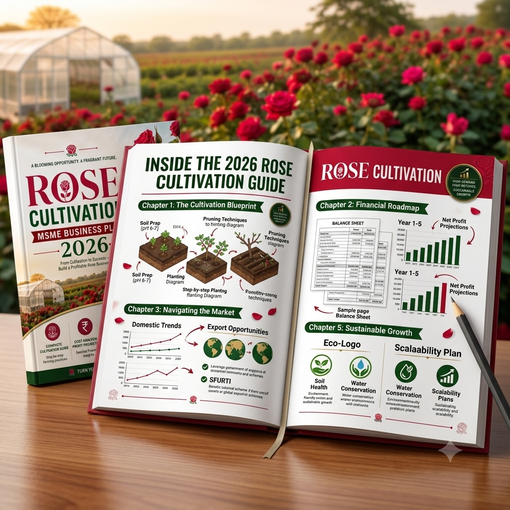 Rose Cultivation Business Plan illustrating soil bed fumigation, tissue-culture grafting, bent-neck canopy management, drip fertigation, pest control scouting, stem harvesting, and cold room grading.