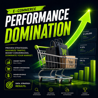 E-Commerce Performance Domination digital guide featuring full-funnel CRO frameworks, customer retention architecture diagrams, and media buying scaling roadmaps.