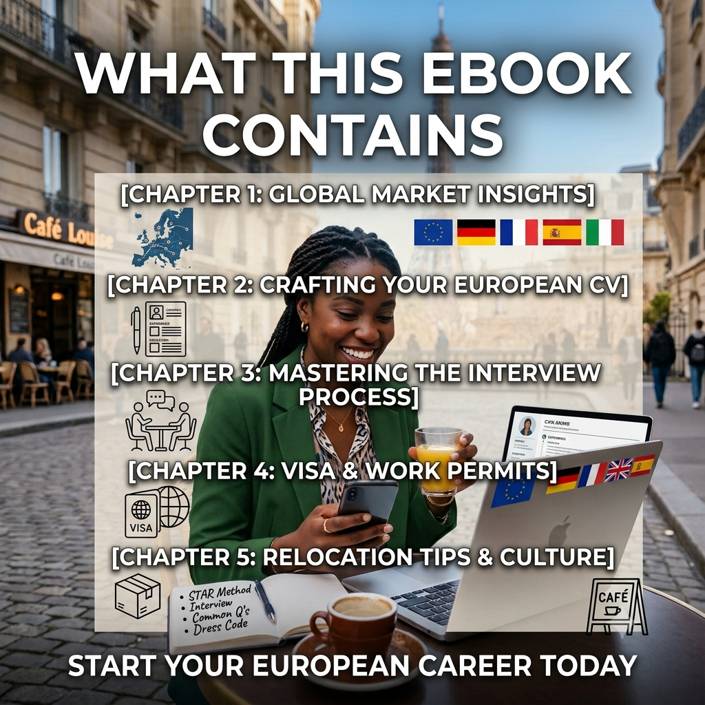 How to Get Jobs in Europe illustrating a step-by-step framework for international applicants securing work visas and employment.