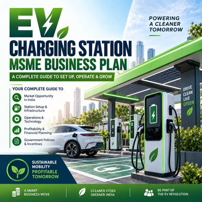 Promotional graphic for an EV charging station business plan guide, featuring large green and white text, a modern charging station canopy with multiple charging piles, a white electric car, and a city skyline in the background.