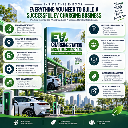 A promotional infographic for an e-book titled 'EV Charging Station MSME Business Plan' by EV Charging Solutions. The graphic features a green and white color scheme with various business plan sections like market opportunity, location & site planning, AC to DC chargers, and government policies, alongside a clean illustration of an electric vehicle on a road with trees.
