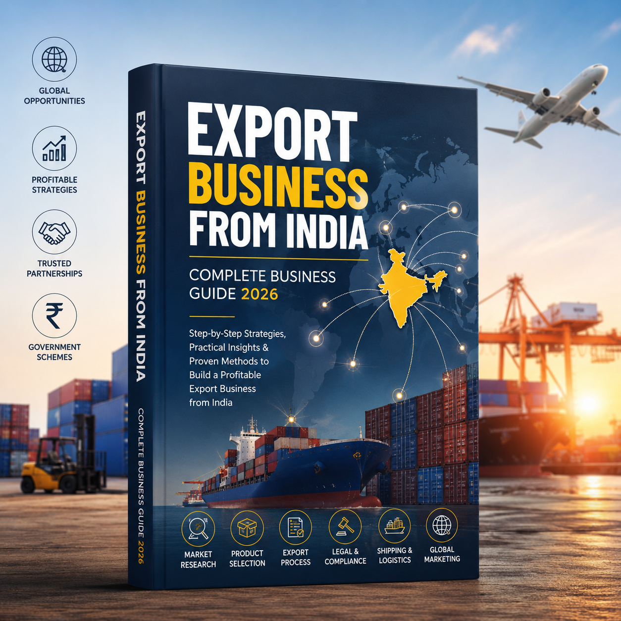 A 3D book cover mockup for 'Export Business From India: Complete Business Guide 2026' shown prominently in the foreground. The cover is dark blue with yellow and white text, a yellow map of India, and shipping container imagery.