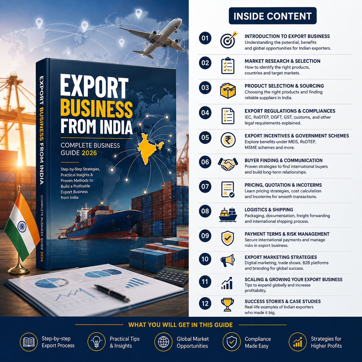 A promotional graphic for a book titled 'Export Business from India: Complete Guide 2026'. The book cover is shown in the foreground with a blue and white design, featuring an illustration of a cargo ship, container ship, and airplane.