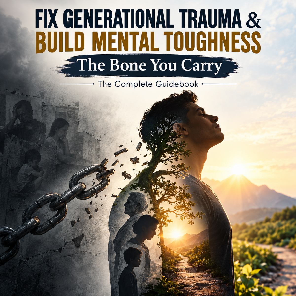 Book cover for 'The Bone You Carry: The Complete Guidebook' featuring a composite design with a silhouetted man in profile, a broken chain, faded portraits of children, and a mountain sunset landscape.