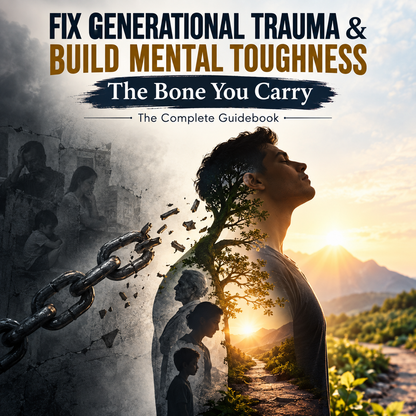 Book cover for 'The Bone You Carry: The Complete Guidebook' featuring a composite design with a silhouetted man in profile, a broken chain, faded portraits of children, and a mountain sunset landscape.