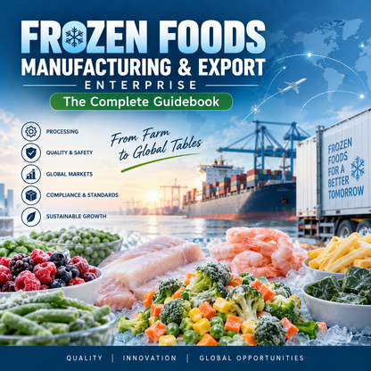 Promotional cover for a guidebook titled 'FROZEN FOODS MANUFACTURING & EXPORT ENTERPRISE: The Complete Guidebook'. The design features a blue-toned background with a shipping container, port cranes, and a cargo truck, alongside a foreground display of assorted fresh frozen foods including broccoli, shrimp, fish, and mixed vegetables on ice.
