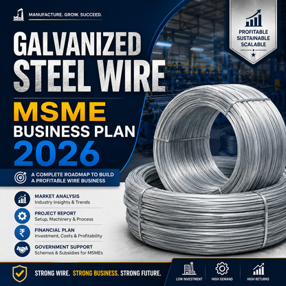 Galvanized Steel Wire MSME Business Plan 2026 featuring multi-pass wire drawing machines, continuous hot-dip zinc galvanizing baths, and spooled GI wire coils.