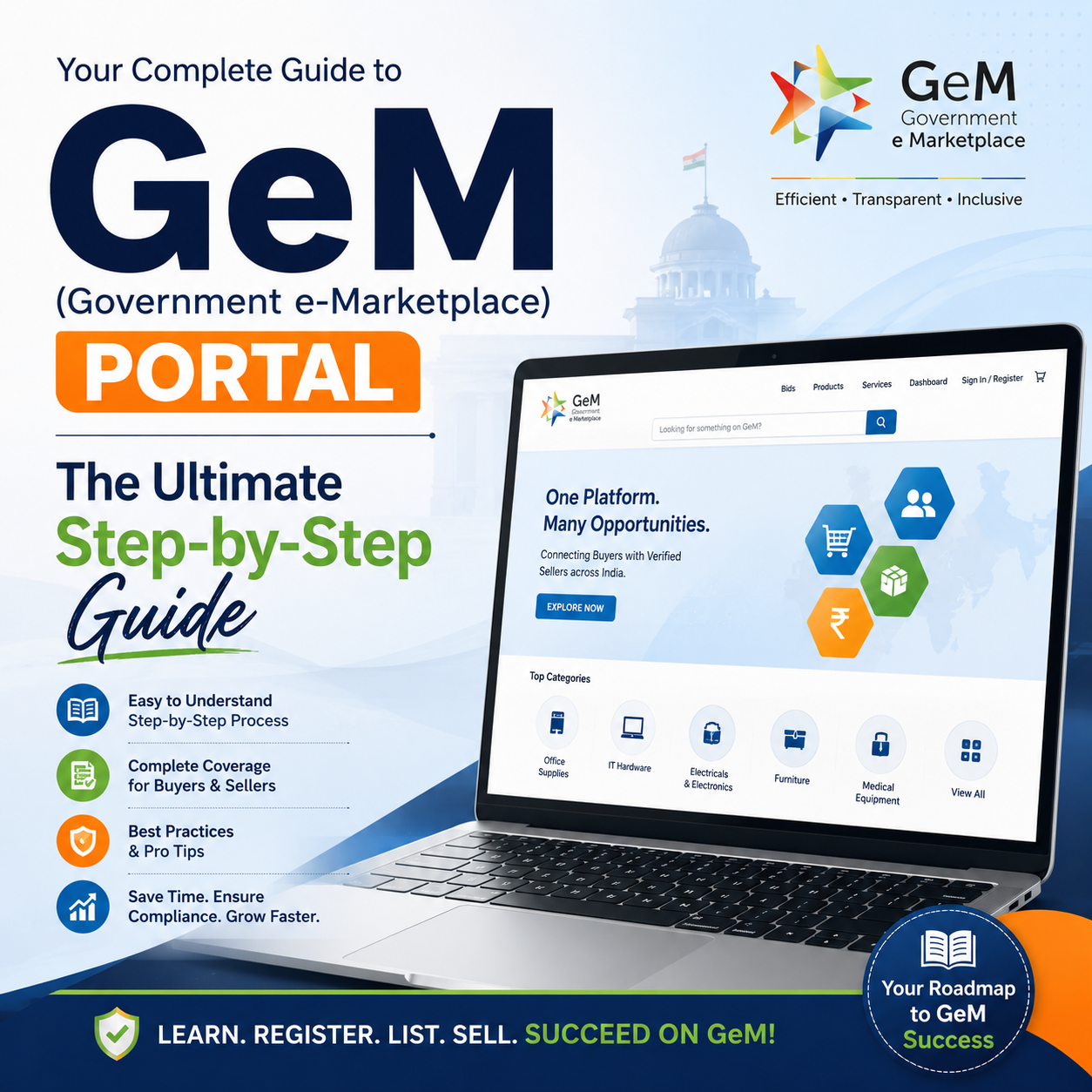 GeM Portal Step-by-Step Guide digital ebook featuring vendor account creation, caution money workflows, and tender bid submission checklists.